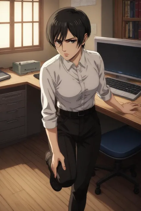 anime - style image of a man in a white shirt and black pants standing in front of a computer