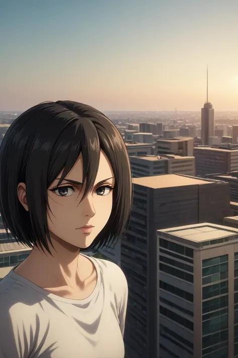 anime girl standing in front of a city skyline with buildings