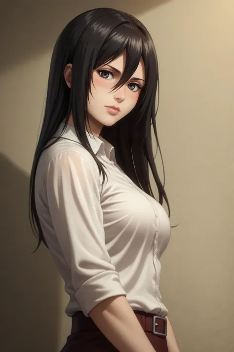 a woman with long black hair and a white shirt