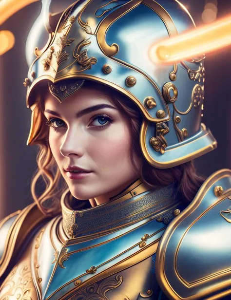 a close up of a woman wearing a helmet, robort, serious looking, portrait, rococo, looks straight ahead, glowing, realistic fant...