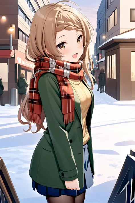 anime girl in winter clothes standing in the snow with a scarf