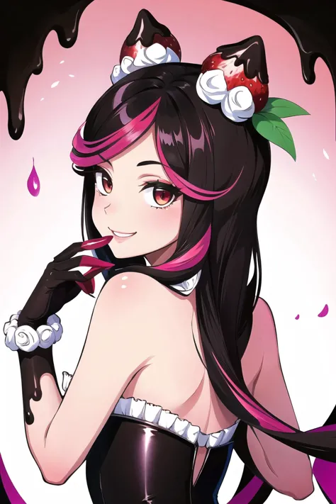 Highly detailed, High Quality, Masterpiece, beautiful, sugar rush evelynn, strapless dress, gloves, chocolate on body, strawberry hair ornament, multicolored hair, <lora:Char_LoL_SugarRushEvelynn:0.8>, from behind, seductive smile,