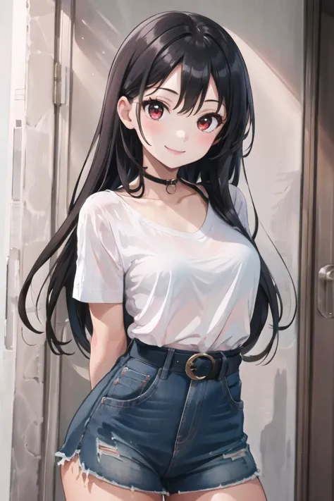 Highly detailed, High Quality, Masterpiece, beautiful, 1girl, Nevin, red eyes, white shirt, <lora:Char_OC_Nevin:0.75>, cowboy shot, smile, arms behind back,