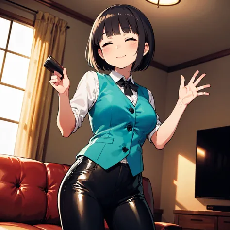 anime girl in a blue vest holding a gun in a living room