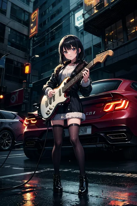 masterpiece, best quality, 1girl, solo, looking at viewer, fur \(clothing\), black hair, black legwear, (electric guitar:1.4), reflection, splash, droplets, rust, sparks, asphalt, ground vehicle, sports car, super car, mechanical, burning, playing instrument, livestream, 
cinematic lighting, <lora:add_detail:0.5>, <lora:epi_noiseoffset2:1>,