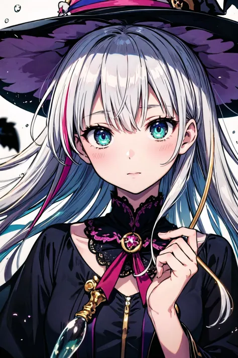 an extremely delicate and beautiful,masterpiece,best quality, ultra-detailed, illustration,Gorgeous and rich graphics,watercolor,realistic,floating,disheveled hair, liquid hair,solo,a girl,beautiful detailed girl,witch hat,holding_magic_cane ,colorful eyes,beautiful detailed eyes,platinum hair,multicolored hair,streaked hair, multicolored clothes,halloween,shining, sunlight,colorful bubble, colorful background,high saturation,surrounded by colorful splashes, 
cinematic lighting, <lora:add_detail:0.5>, <lora:epi_noiseoffset2:1>,