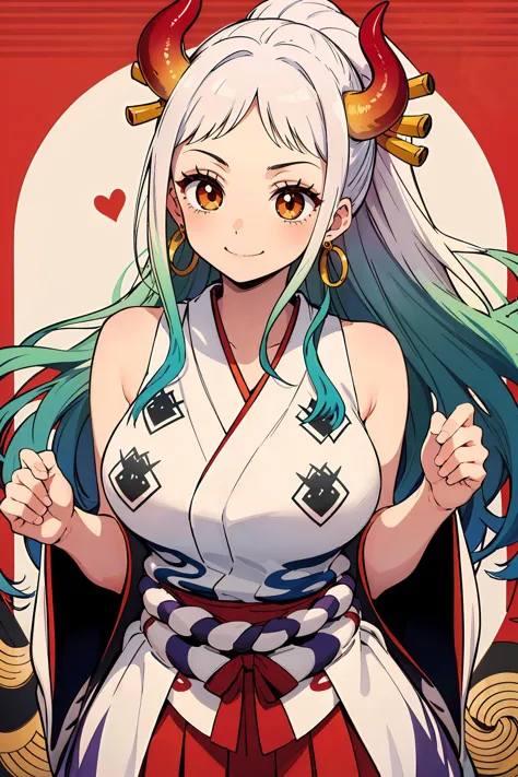 (masterpiece, best quality:1.2), intricate details,  <lora:GoodHands-beta2:1>,  <lora:yamato:1>, yamato, 1girl, long hair, oni, curled horns, multicolored horns, hair ornament, earrings, bare shoulders, large breasts, sleeveless kimono, high ponytail, smile