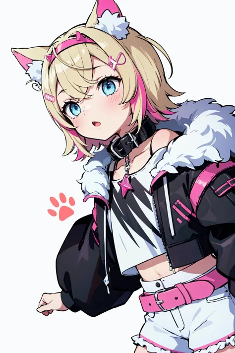 masterpiece, best quality, absurdres, perfect anatomy, 1girl, solo, MococoAbyssgard, hairclip, hairband, dog ears, white headphones around neck, white crop top, scratch graphic on crop top, black jacket, fur trim, collar, tank top, white shorts, pink belt, seiza, abstract background <lora:MococoAbyssgard:0.9>