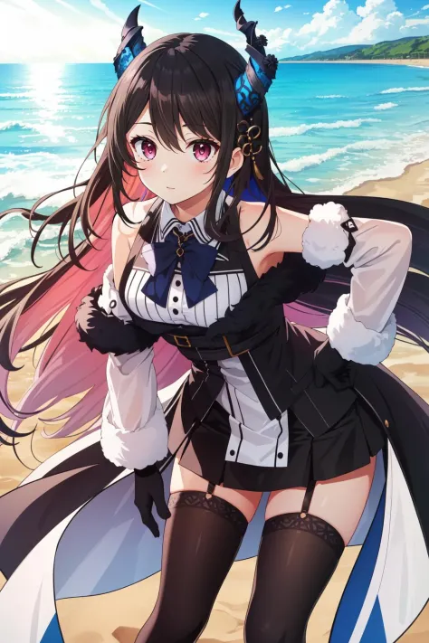 (masterpiece, best quality),  intricate details,
1girl,    <lora:CHAR-NerissaRavencroft:0.8> NerissaRavencroft, horns, hair ornament, pink eyes, collared shirt, black skirt, garter straps, thighhighs, fur trim, detached sleeves, black gloves, 
standing with hand on hip, beach, sunny, sand, waves,