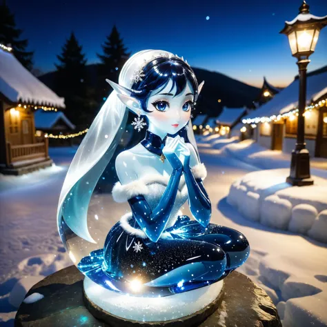 anime girl sitting on a rock in the snow with a light on