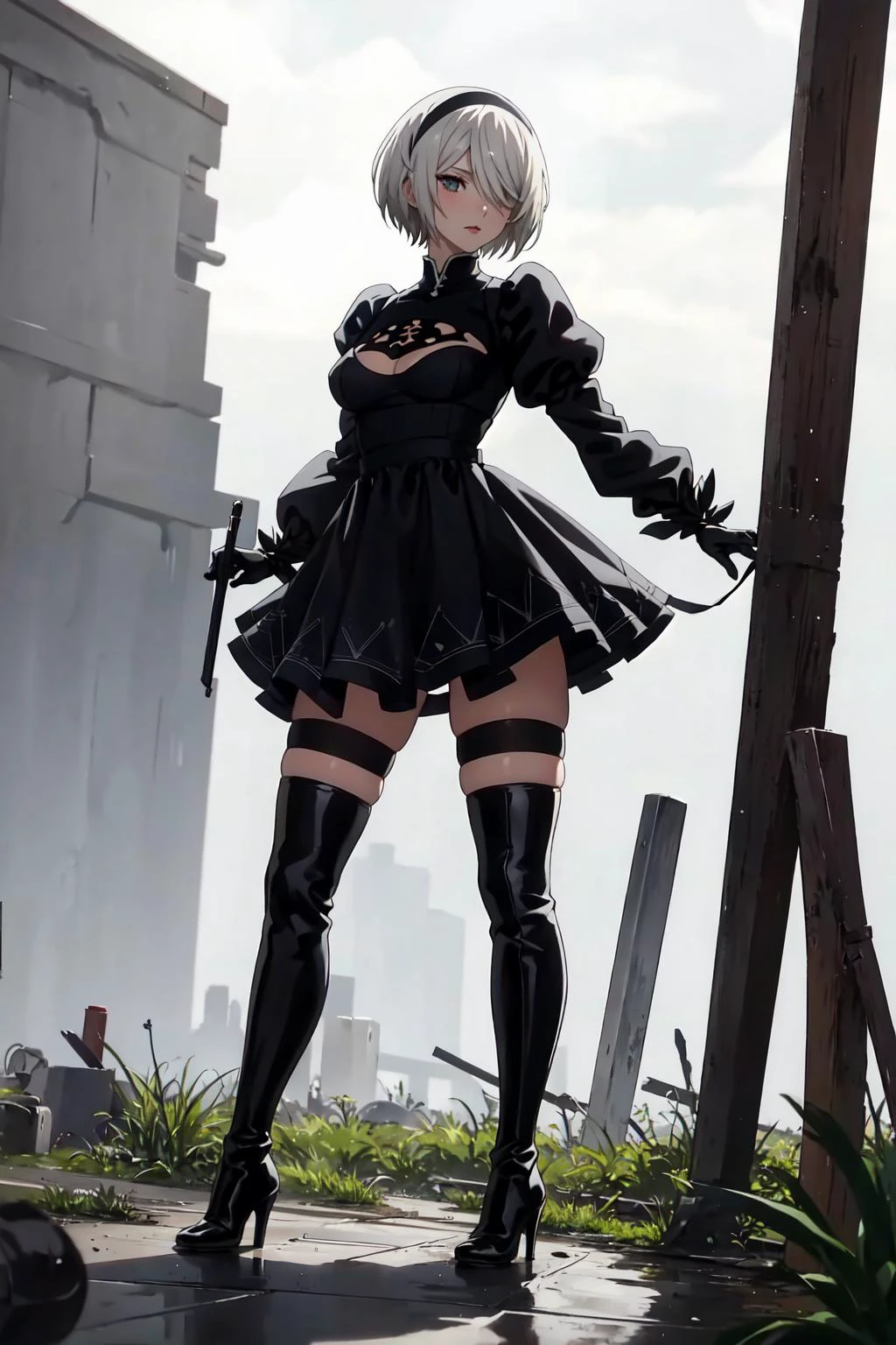 2B 1girl solo short hair thighhighs SeaArt AI