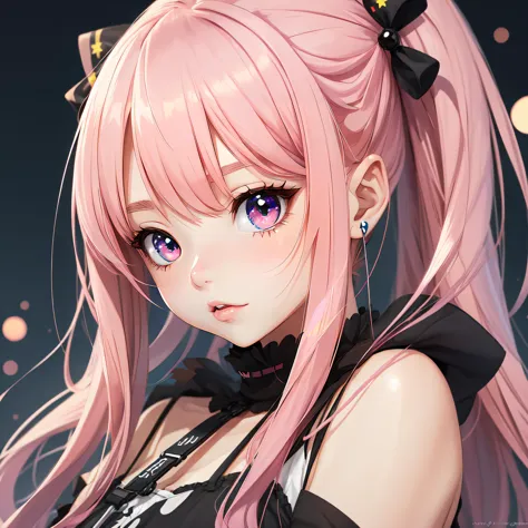 anime girl with pink hair and black dress with stars in the background