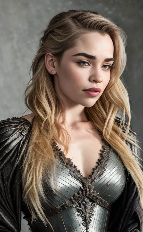 dragonqueen Koh_EmiliaClarke with platinum blonde braided hair, wearing dark black robes with silver armor motif, perfect eyes, ...