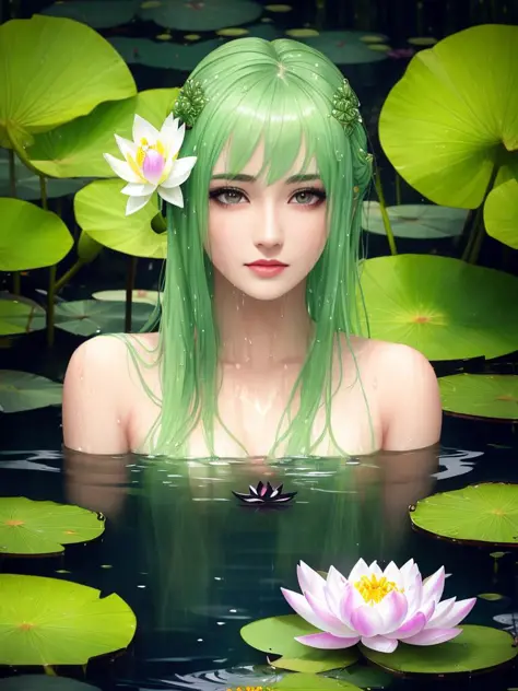 beautiful pixie woman emerging from a pond, detailed+ eyes, wet hair, beautiful feminine face, lotus flowers, lily pads, wet, dripping, masterpiece, best quality, high contrast, soft lighting, backlighting, bloom, light sparkles, chromatic aberration, smoo...