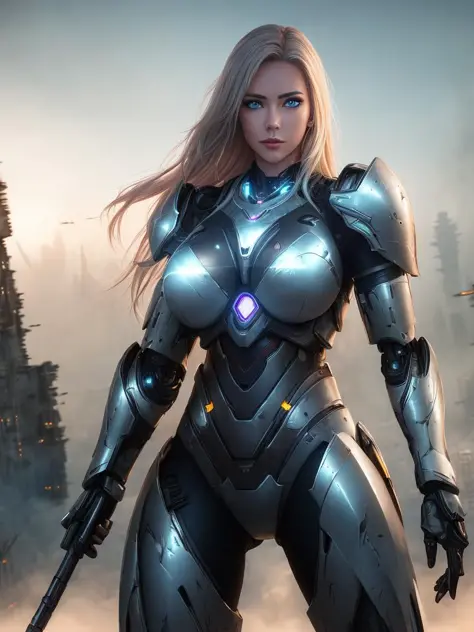medium shot photo of sexy female cyborg wearing scratched and tarnished futuristic armor in a destroyed futuristic city, fantasy, sci-fi, beautiful feminine face, seductive, sexual, mist, vivid alluring eyes, dramatic, best quality masterpiece, photorealis...