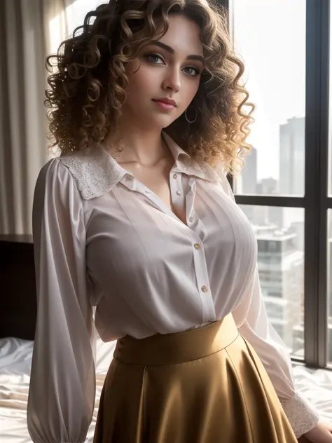 woman with curly hair, wearing a skirt and blouse, detailed seductive alluring eyes, in a modern bedroom, masterpiece, detailed, elegant, best quality, diffused broad light, backlighting, bloom, light sparkles, chromatic aberration, smooth, sharp focus