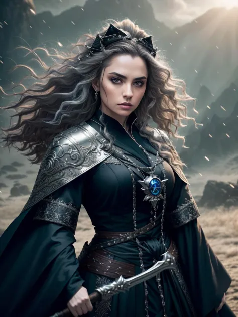 Dramatic+ 8k wallpaper medium shot waist up photo of fearsome young witch wearing intricate robes and silver pauldrons, magic+, high detail, detailed background, detailed eyes, wild hair, wind blown hair, cinematic lighting, masterpiece, best quality, high...