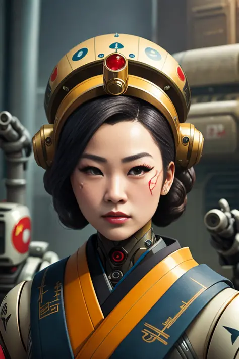 an epic fantastic realism comic book style portrait painting of a Japanese robotic geisha with USSR tattoos and decals, apex legends, octane render, intricate detail, 4 k hd, unreal engine 5, ex machina, irobot, gerald brom, photorealistic, modelshoot styl...