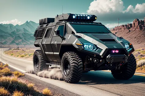 nvinkpunk, black futuristic armoured vehicle on the road, insanely detailed and intricate, hyper maximalist, elegant, hyper realistic, super detailed, 8K, vivid colors, sunrise, open sky, ultra-realistic, nature photography, photographic rendering, realist...