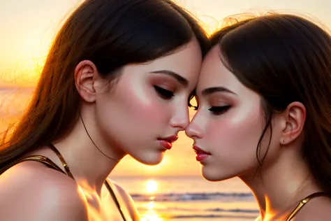 a photo of two beautiful young women kissing in bondage, alluring, sexy, erotic, gorgeous eyes, (perfect lips:1.5), clear face, beautiful face, tropical beach background, sunset, golden hour, rule of thirds, hyper realistic, highly detailed, ultra detailed