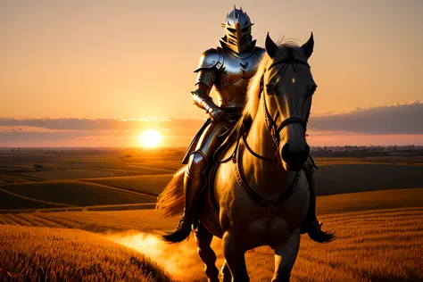 closeup, armored knight on horseback towards camera, open field, sunset, golden hour, hd, ultra detailed, 8k, ultra sharp