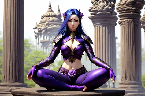 Intricately detailed, a beautiful woman sitting lotus style in meditation, blue_hair, blue_tatoo, violet_eyes, purple leather armor, ruins, sitting on a fallen pillar, (highly detailed:1.2), HD,HDR, 8k resolution, ultra detailed