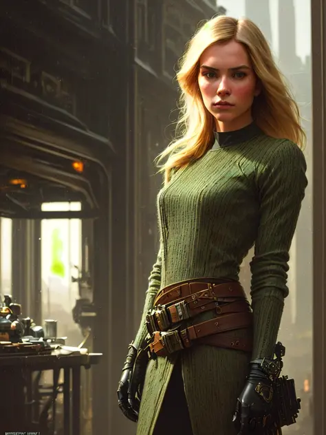 analog style ((photorealistic), film grain), 8k hdr, ultra realistic, film photography, dslr full body gorgeous blonde  young woman wears green top in a science fiction movie, 1969, (perspective:1.1), (from below:1.1), (powerful:1.2), professional majestic...