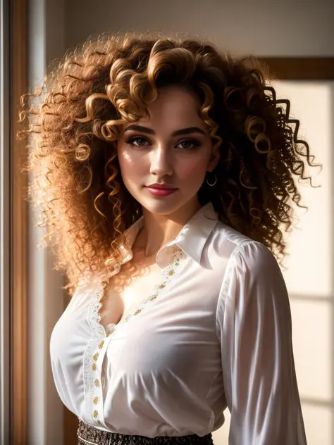 woman with curly hair, wearing a skirt and blouse, detailed seductive alluring eyes, in a modern bedroom, masterpiece, detailed, elegant, best quality, diffused broad light, backlighting, bloom, light sparkles, chromatic aberration, smooth, sharp focus 