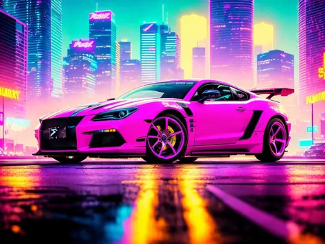 swpunk, synthwave, paint splatters, (extremely detailed 8k wallpaper), a medium shot photo of a futuristic concept car parked in an elaborate cyberpunk city, ray tracing, detailed reflections, Intricate, High Detail, dramatic, best quality masterpiece, pho...