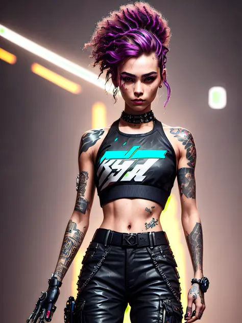 synthwave style, nvinkpunk Detailed portrait cyberpunk (sks woman) (20 year old sks woman), futuristic neon reflective wear, sci-fi, robot parts, perfect face, ((tattoo)), (long hair), matte skin, pores, sharp detail, sharpness, wrinkles, hyperdetailed, hy...