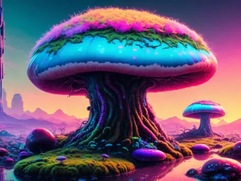 swpunk, synthwave, paint splatters, (extremely detailed 8k wallpaper), a crazy alien landscape with giant glowing mushrooms and colorful moss growing on rocks, ray tracing, detailed reflections, Intricate, High Detail, dramatic, best quality masterpiece, p...
