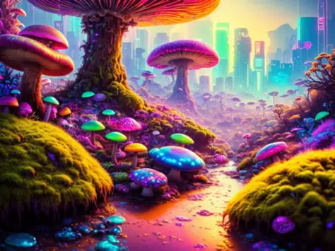 swpunk, synthwave, paint splatters, (extremely detailed 8k wallpaper), a crazy alien landscape with giant glowing mushrooms and colorful moss growing on rocks, ray tracing, detailed reflections, Intricate, High Detail, dramatic, best quality masterpiece, p...