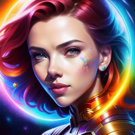 ultra realistic photo of scarlett johansson cosmic energy,  colorful, painting burst, nonchalant kind look, realistic round eyes, tone mapped, digital painting, artstation, concept art, smooth, sharp focus, illustration, dreamy magical atmosphere, art by a...