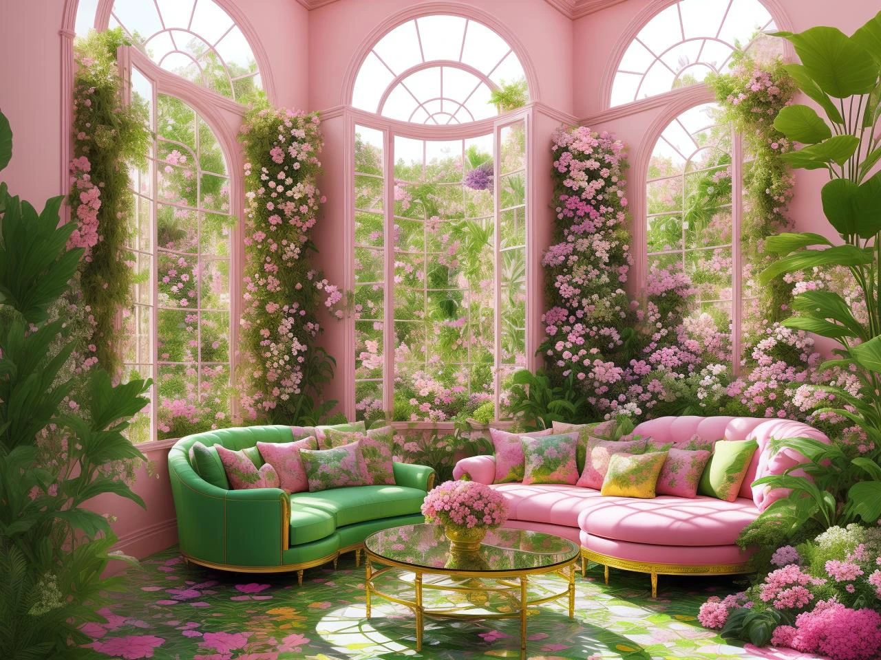 建筑文摘照片：极简主义风格的绿色太阳能客厅，内有众多鲜花和植物, 金光, 超现实主义, 屡获殊荣的杰作，细节令人惊叹, 史詩般的令人驚嘆的粉紅色周圍和圓角, 大窗戶, 藝術空間, 溫室牆