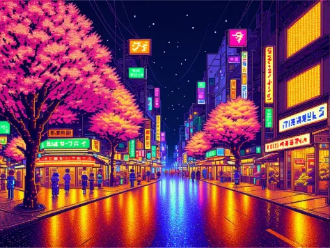 detailed pixel art scene of tokyo street at night. 8k. city at night. 3d pixel art wallpaper. incredible pixel details. flowers. pixel art