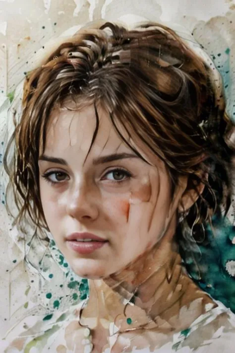 (paint splash, paint drips, paint splatter), blue paint, watercolor, broad brush strokes, palette knife, non-nude portrait painting of a woman, shiny eyes, detailed eyes, ((bright green eyes)), (light freckles), dark red hair, hidden hands  withLora(emmaWa...