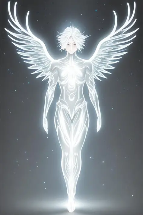 silver hair, angelic being, full body, glowing halo of light, etherial wings