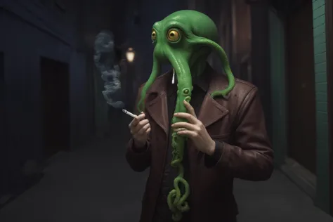 arafed man in a brown jacket smoking a cigarette and wearing a green octopus mask