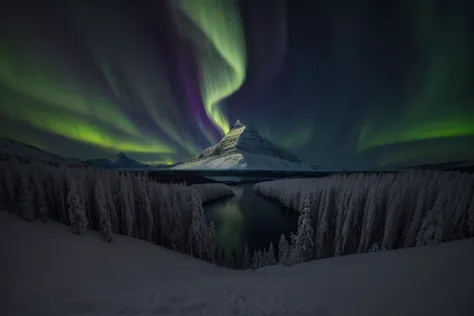 a green and purple aurora bore over a lake in the middle of a forest