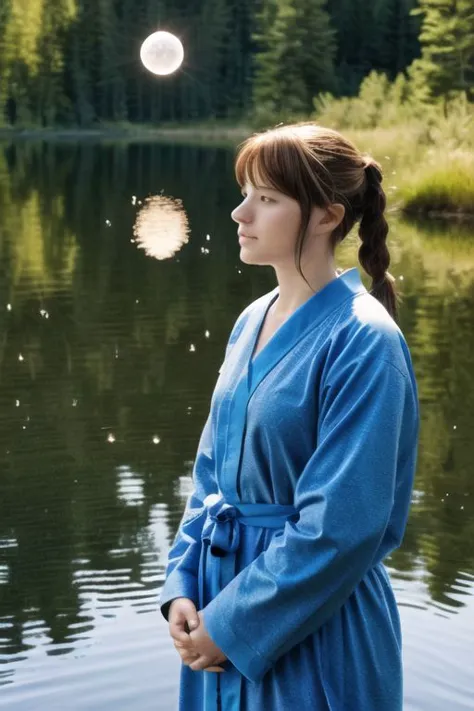 arafed woman in blue robe standing in front of a lake