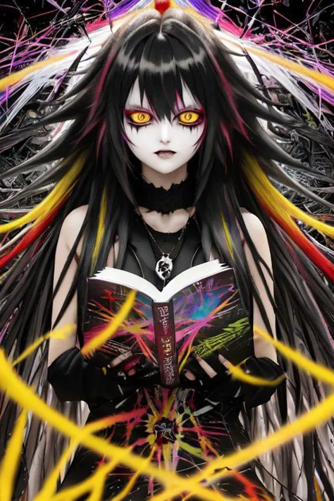 long_hair, multicolored_hair, bandaid, ultra details, shattered glass, ryuk deathnote, multi-color eyes, abstract expressionism ...