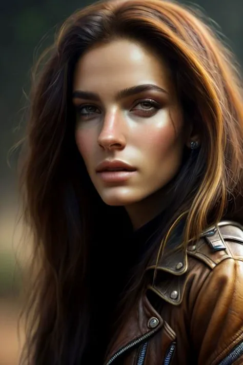 a close up of a woman with long hair wearing a leather jacket