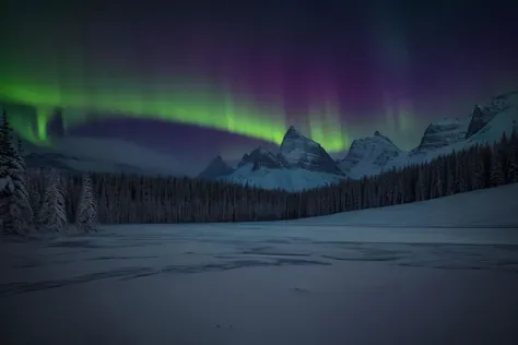 a green and purple aurora bore over a snowy mountain range