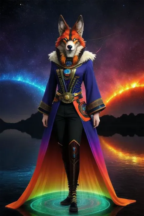 solar system, wolf fursuit, stunning gradient colors, style-paintmagic, dreamlikeart, open legs, egypt futuristic, warm hue, rainbow clothes, small lake with island, by enki bilal, anime furry women, orange sorcerer robes, impressionist, elegant hat, rainbow hair