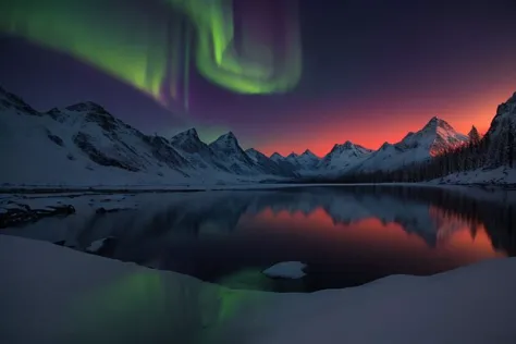 a beautiful aurora bore over a mountain lake with snow and a bright green aurora