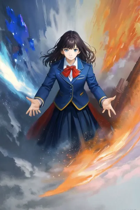 a woman in a blue suit and red bow tie standing in front of a colorful sky