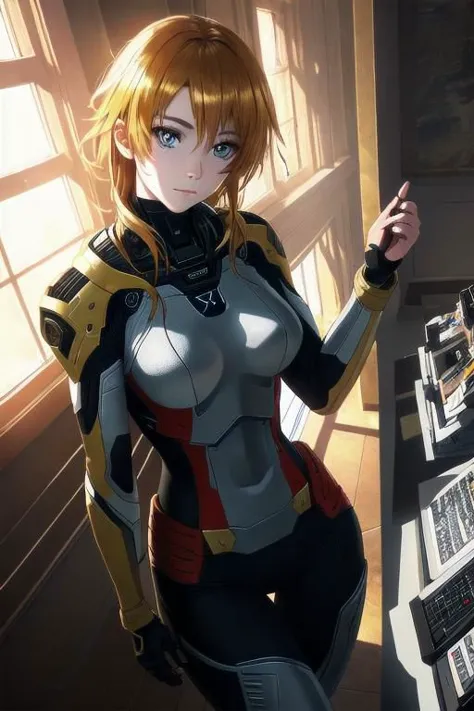 a woman in a futuristic suit standing next to a table