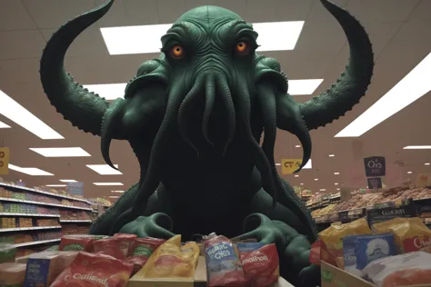 there is a giant octopus statue in a store with a lot of food