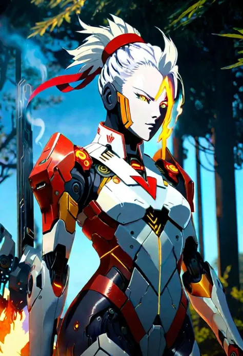 anime game, a beautiful woman with white face and white hair in a braid and red forehead ribbon, she is wearing a white futurist...