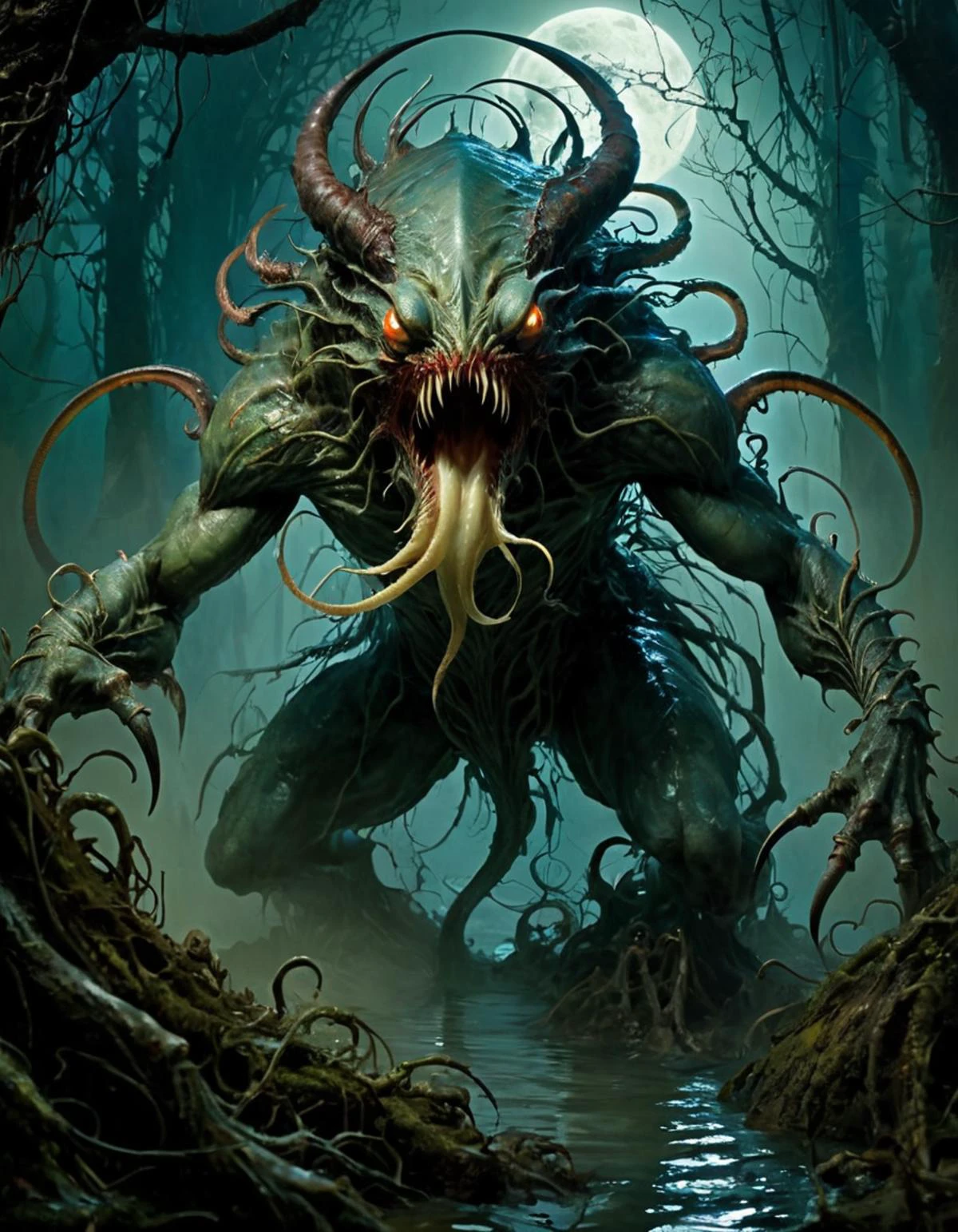 RAW photo, famous artwork by (anne bachelier:1.3), detailed expressive eyes, fantasy style, the mysterious scary glugwarg, a shmutzified monster ermerging from the depths of the misty fairyfrongled swamps of planet new grinflob, shown here with its lurbled tentacles glistening in the moonlight as it arrgdurdles, twisting trees and briscmeggling the will-o'-the-wisps in its vicinity
symbiote style
absurdres, masterpiece, award-winning photography, Volumetric lighting,, highest quality photo, 16k resolution,  sharp focus, realistic texture  extremely detailed